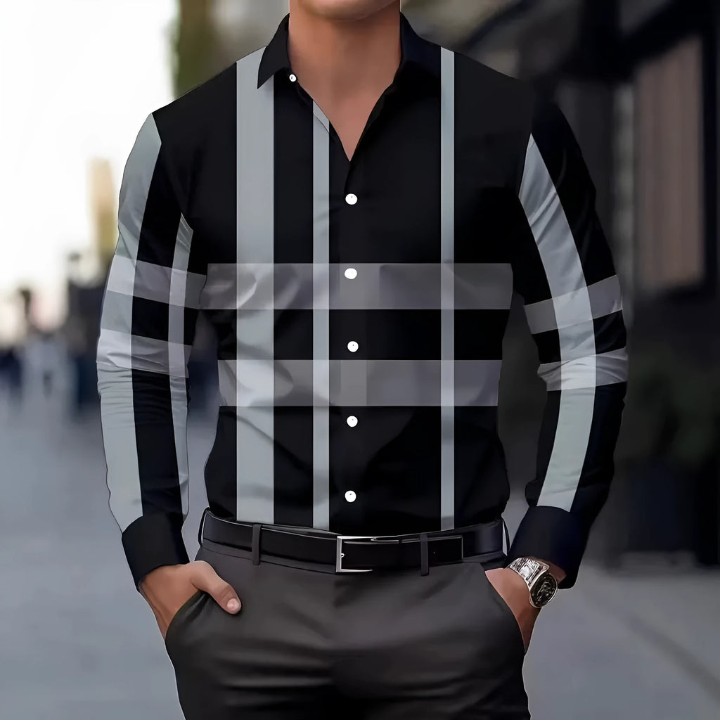 Men's striped printed long sleeve shirt with button lapel collar in a colour selection.