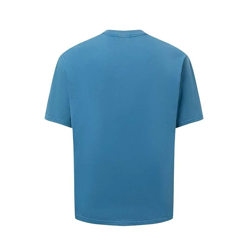 Men's blue American retro letter print loose fit cotton blend T-shirt front view