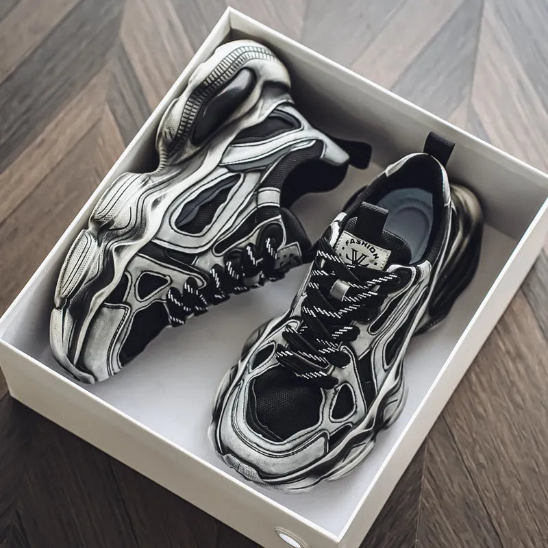 Men's black mesh platform sneaker with colour brush design and rubber sole.