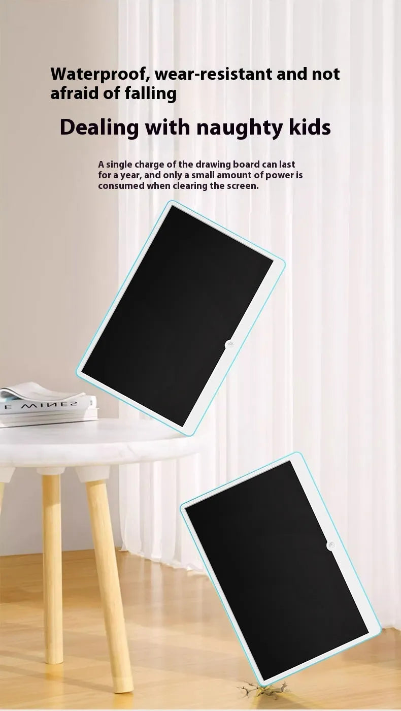 19-inch rechargeable LCD children's drawing board shown in blue and white colour scheme on a table.