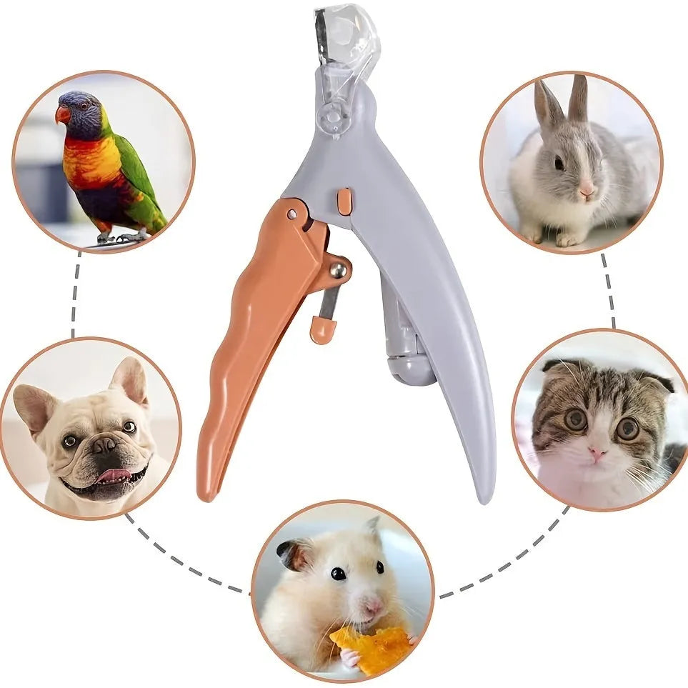 Yellow LED pet nail trimmer with magnifying glass for cats and dogs showing cutting blades and light features