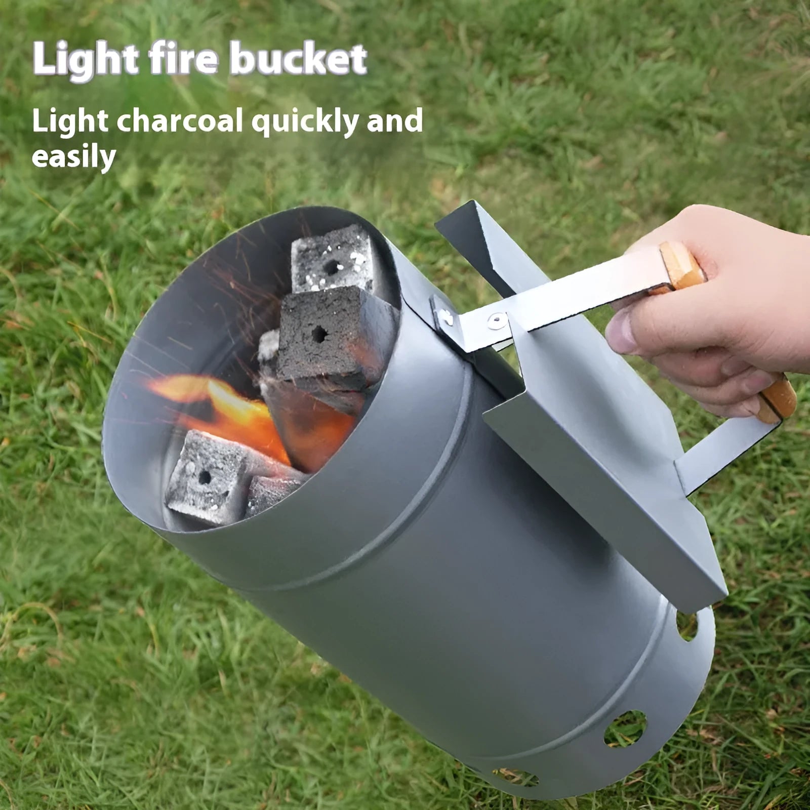 Silver zinc-iron alloy outdoor barbecue charcoal fire starter igniter for a bucket grill.
