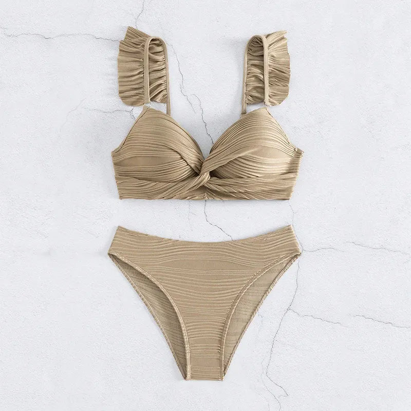 Solid colour women's bikini swimsuit set on a hanger, shown in black and khaki colour options.