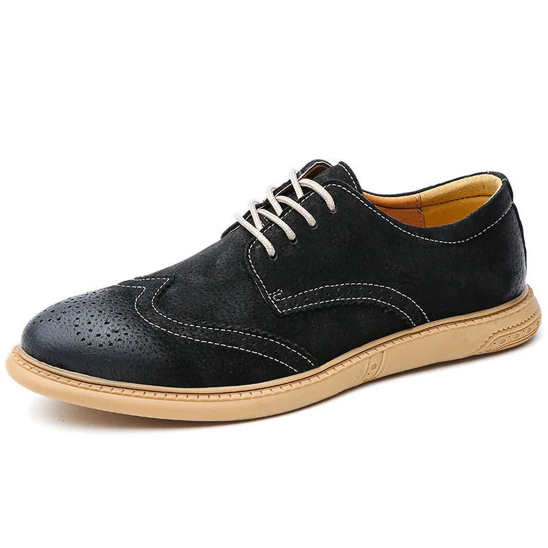 Men's black genuine leather business shoes with lace-up front and decorative stitching