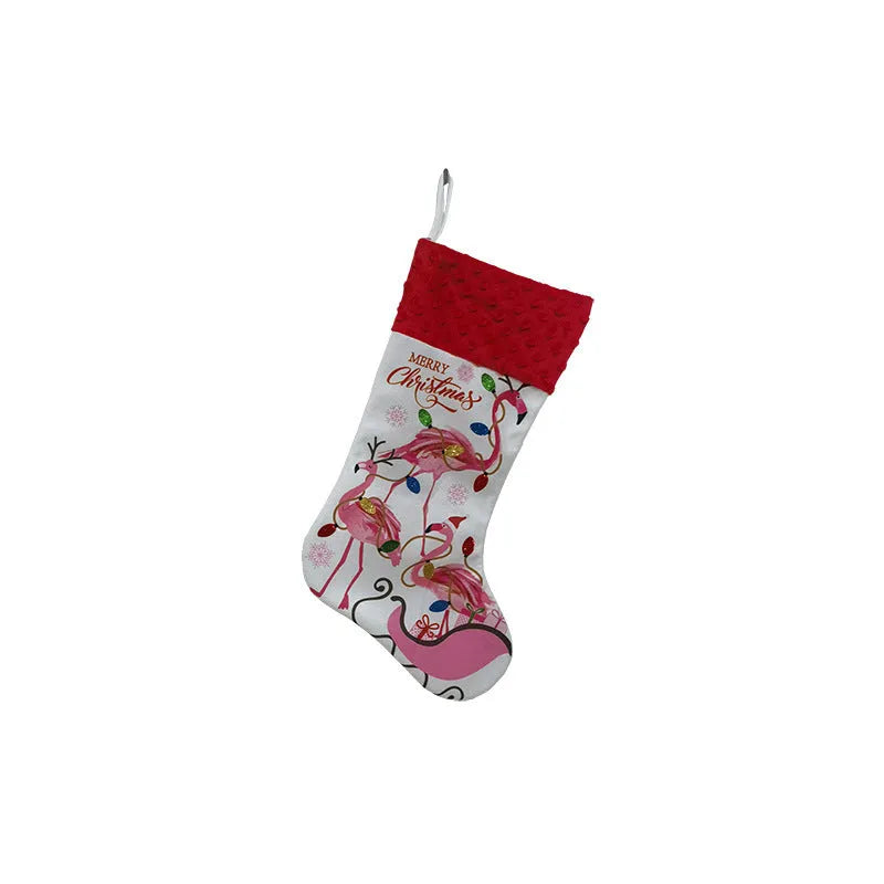 Flamingo Christmas stocking ornament in cloth fabric measuring 46cm by 28cm