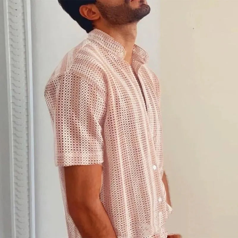 Pink men's waffle weave summer cardigan showing loose fit and short sleeve design