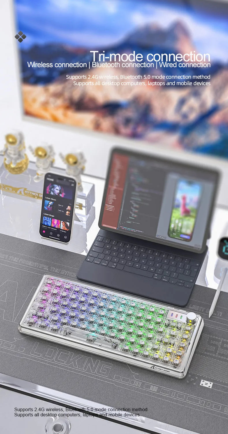 Attack Shark K75 wireless mechanical keyboard with transparent PC case in black or white, 75% compact layout with RGB lighting