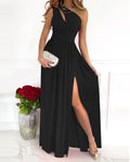 Apricot one shoulder maxi dress with high split and cutout detail on a mannequin