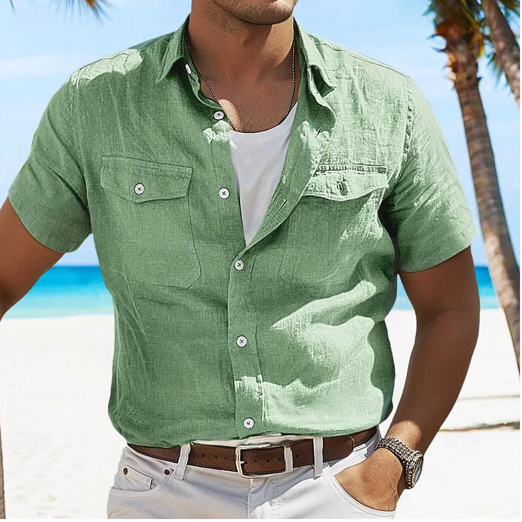 Men's solid colour linen summer shirt with polo collar and long sleeves, shown in apricot.