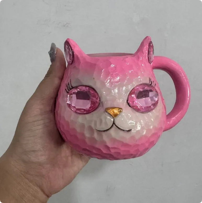 American style Crystal Earth resin cat cup ornament in purple, green, blue, or pink colour