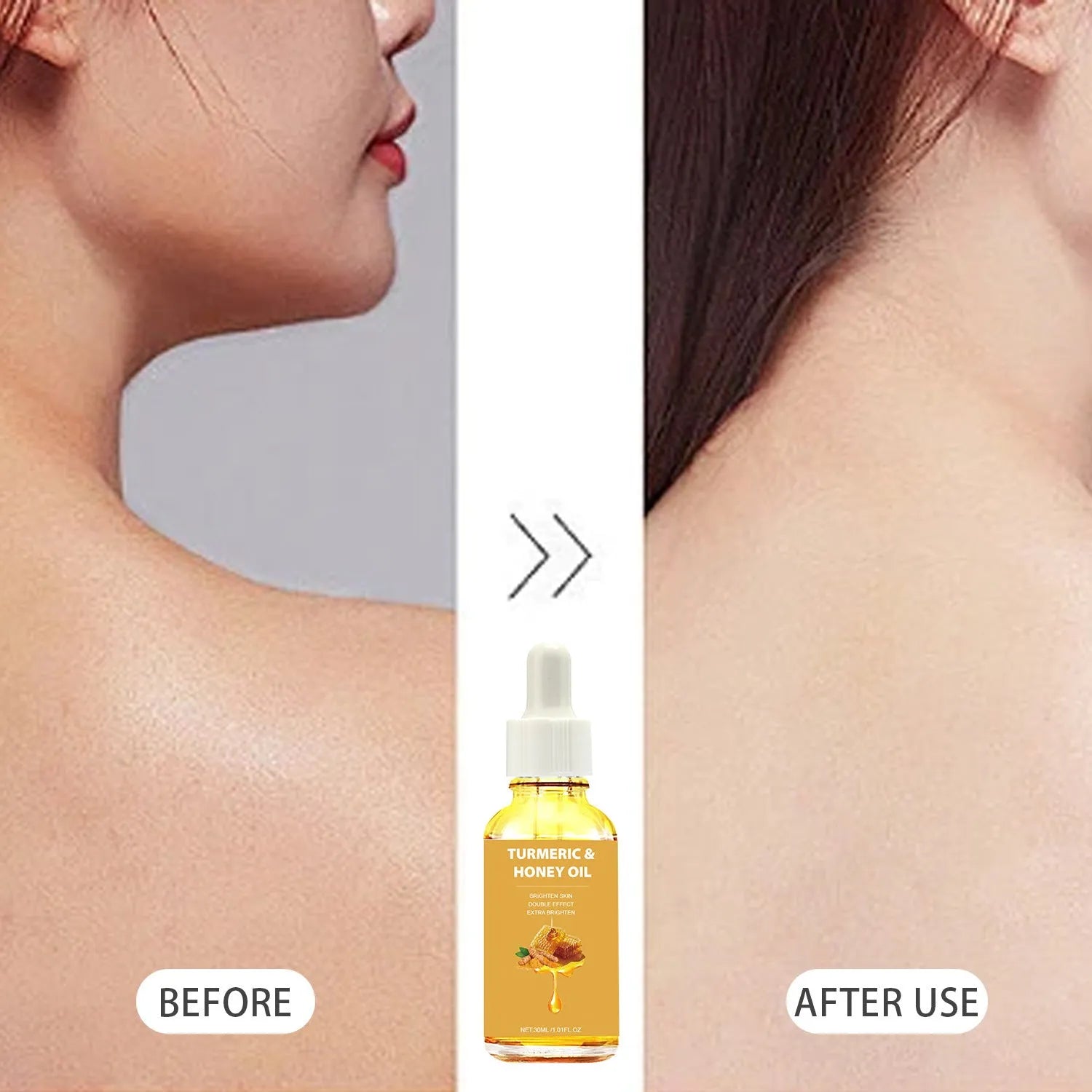 30ml glass bottle of turmeric honey essential oil with a dropper on a wooden surface.