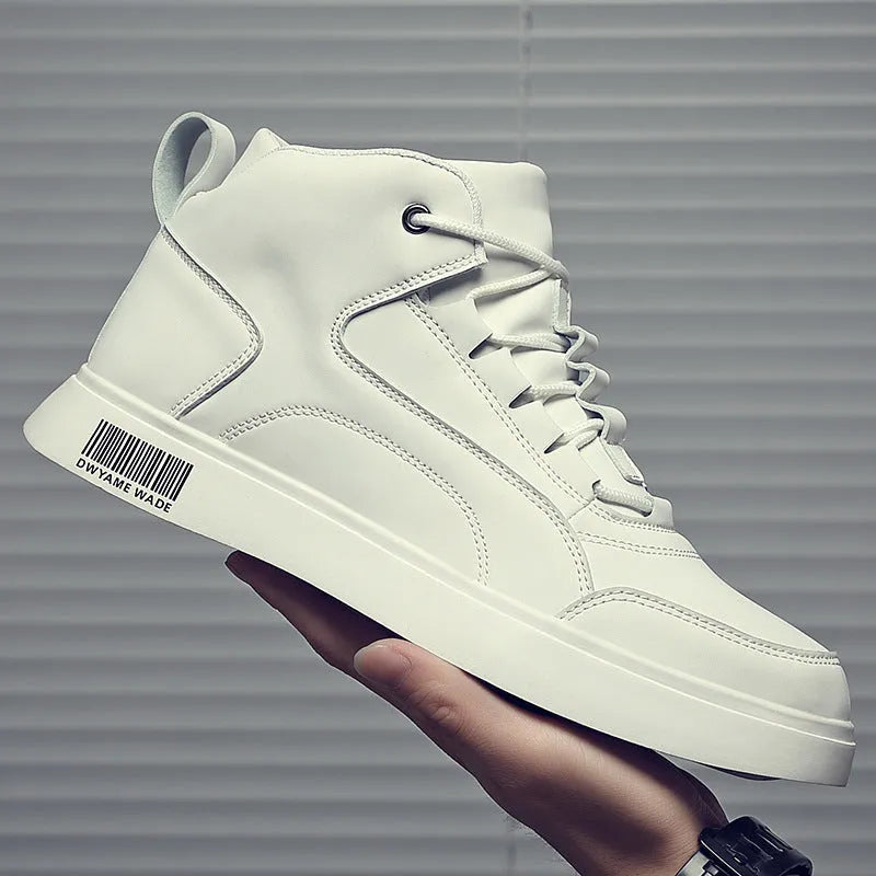 Men's white mid-top casual sports shoes with lace-up front and round toe.