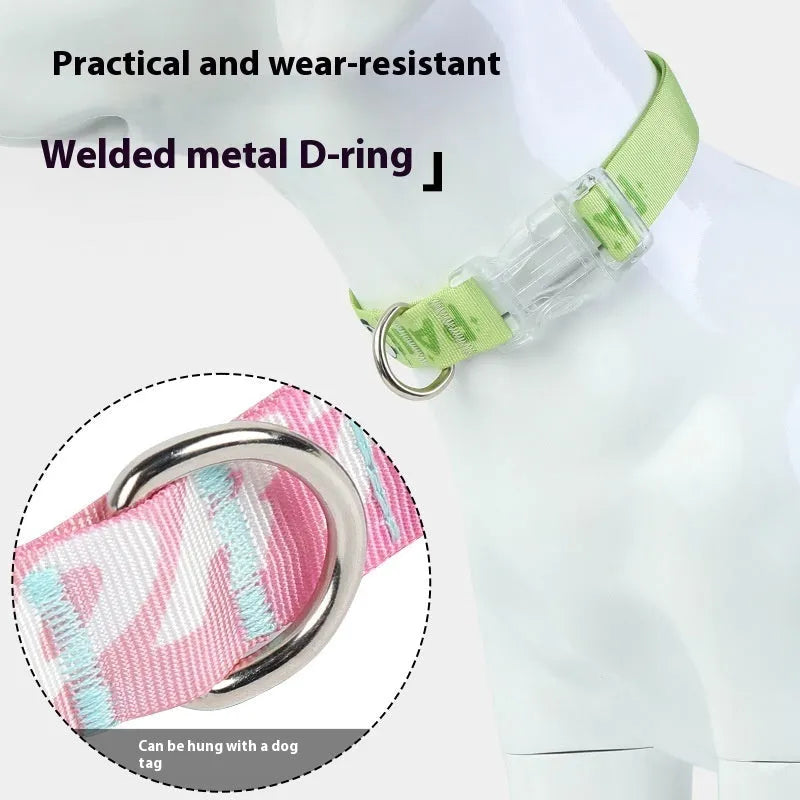 Adjustable nylon dog collar with gradient cartoon printing in Panda Green colour showing size adjustment mechanism