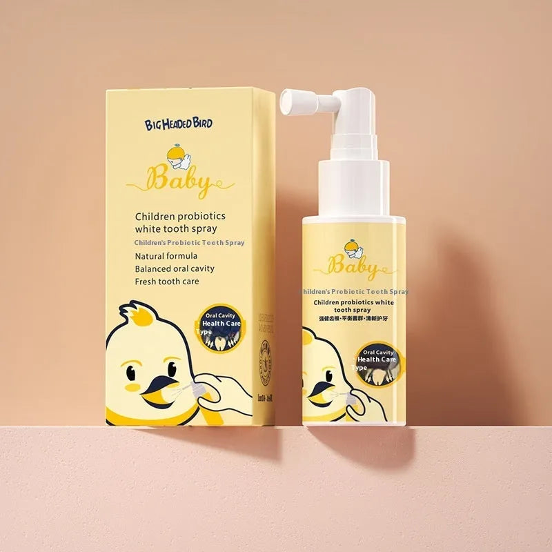 Children's probiotic white teeth cleaning spray in 40ml bottle with strawberry or orange flavour options