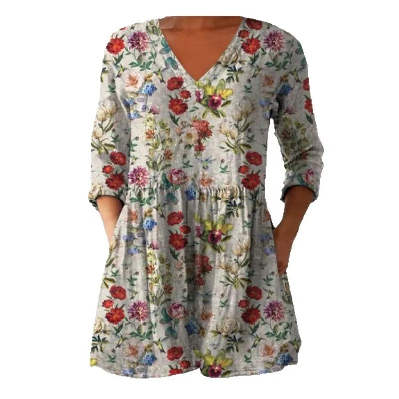 Women's printed polyester dress with 3/4 sleeves and wide waist in multiple pattern styles