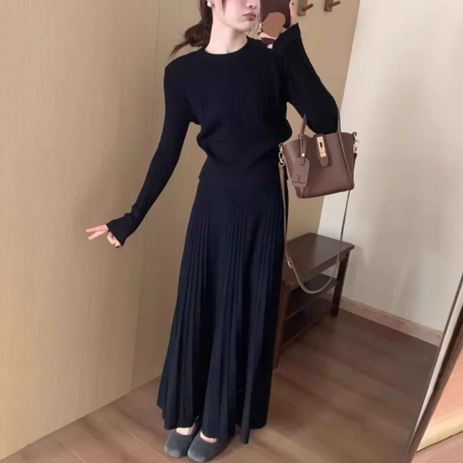 Women's dark grey knitted dress suit two-piece set with ethnic style patterns and free size fit