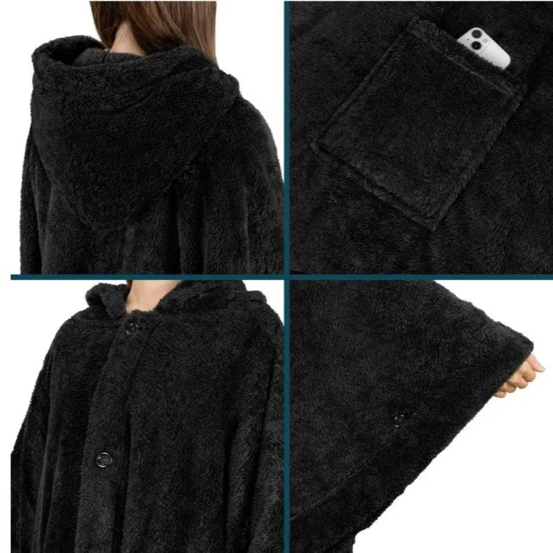 Thickened hooded bathrobe in polyester shown in black, dark grey and pink colour options