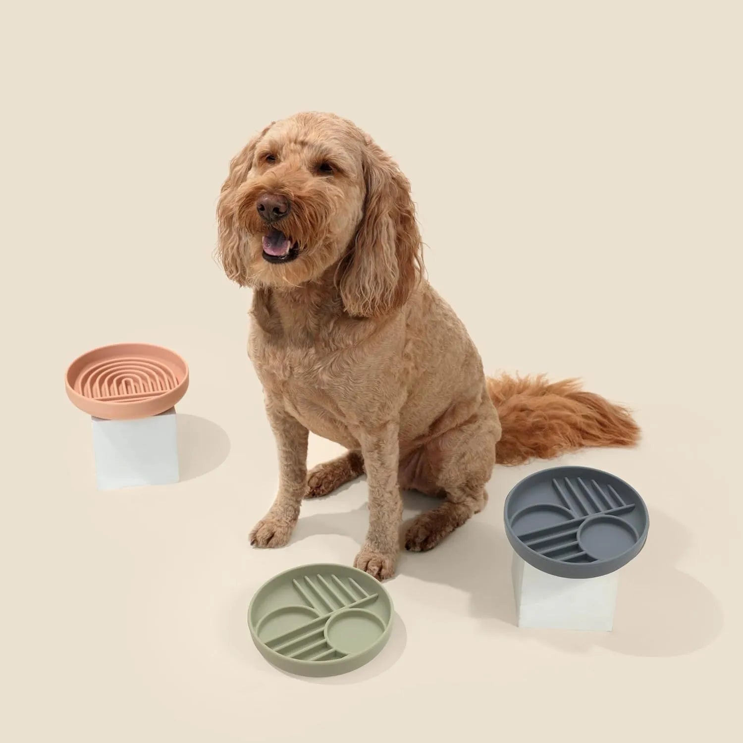 Silicone slow feeder bowl for dogs with ridges and nooks in beige colour