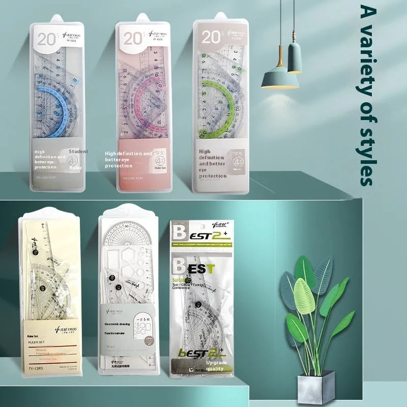 Youpai transparent acrylic ruler set with square and protractor on paper