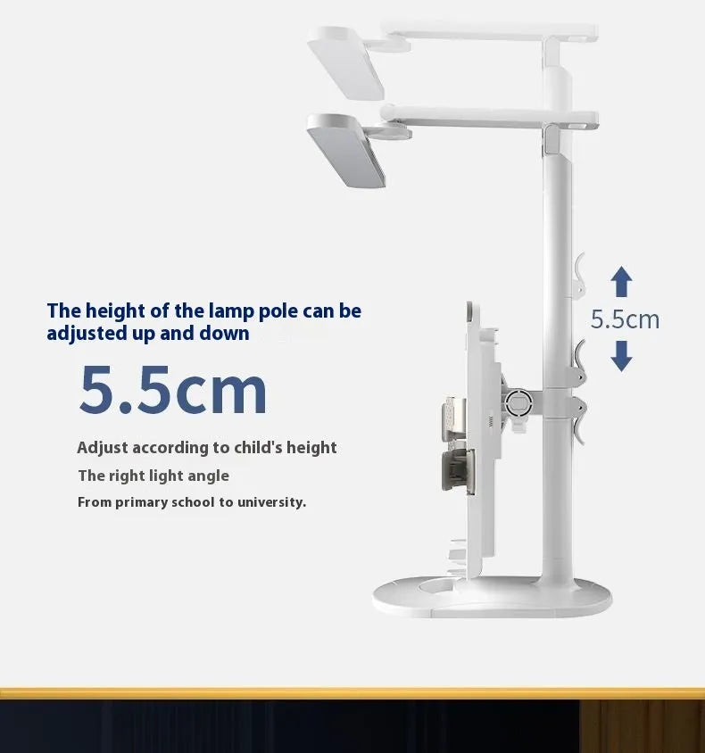 Adjustable desk lamp with a small attached shelf, showing three light temperature settings and a rechargeable battery.