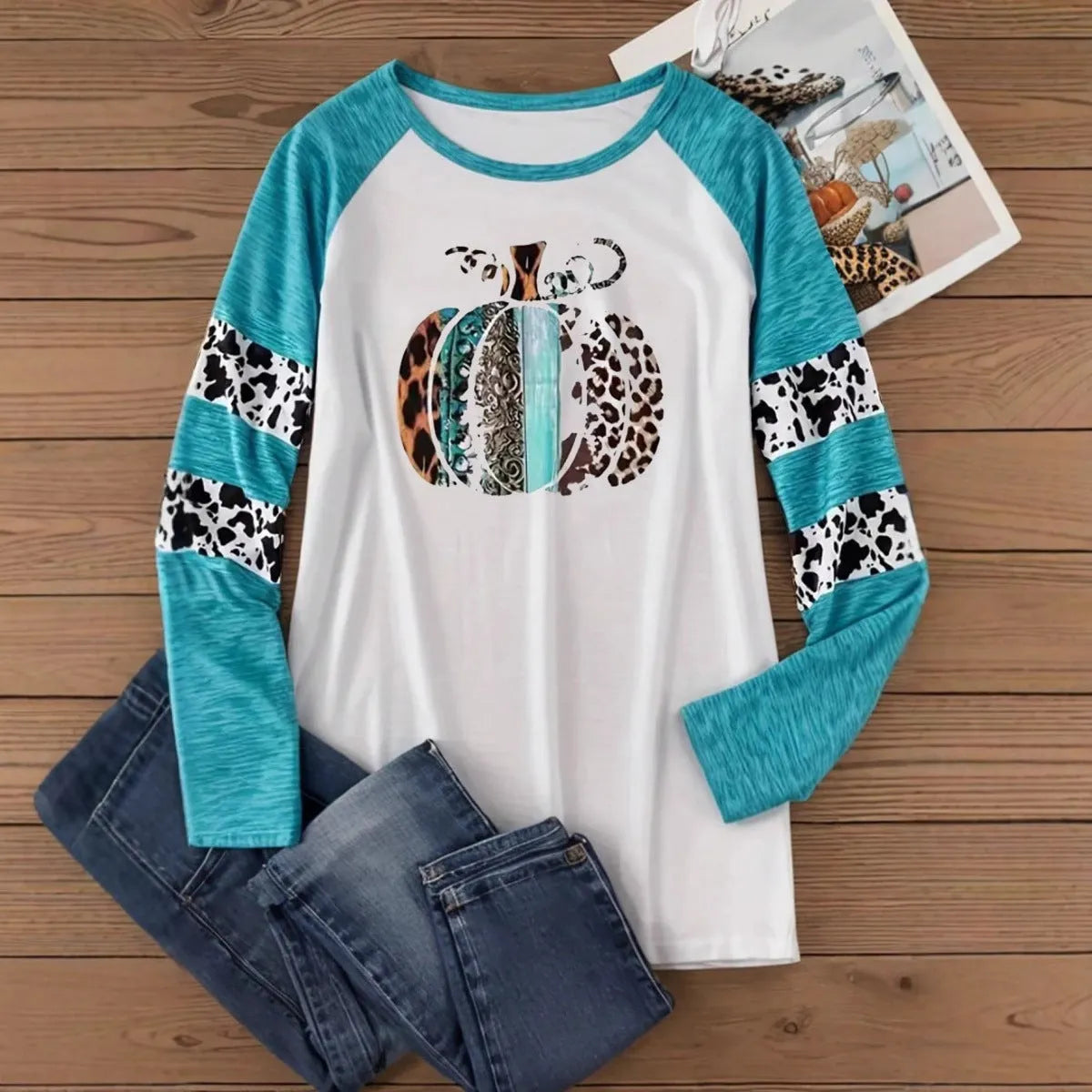 Sky blue Halloween pumpkin 3D print casual T-shirt with long sleeves and polyester fabric