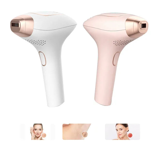 Pink and white three-in-one laser hair removal device with ice-sensing technology and accessories