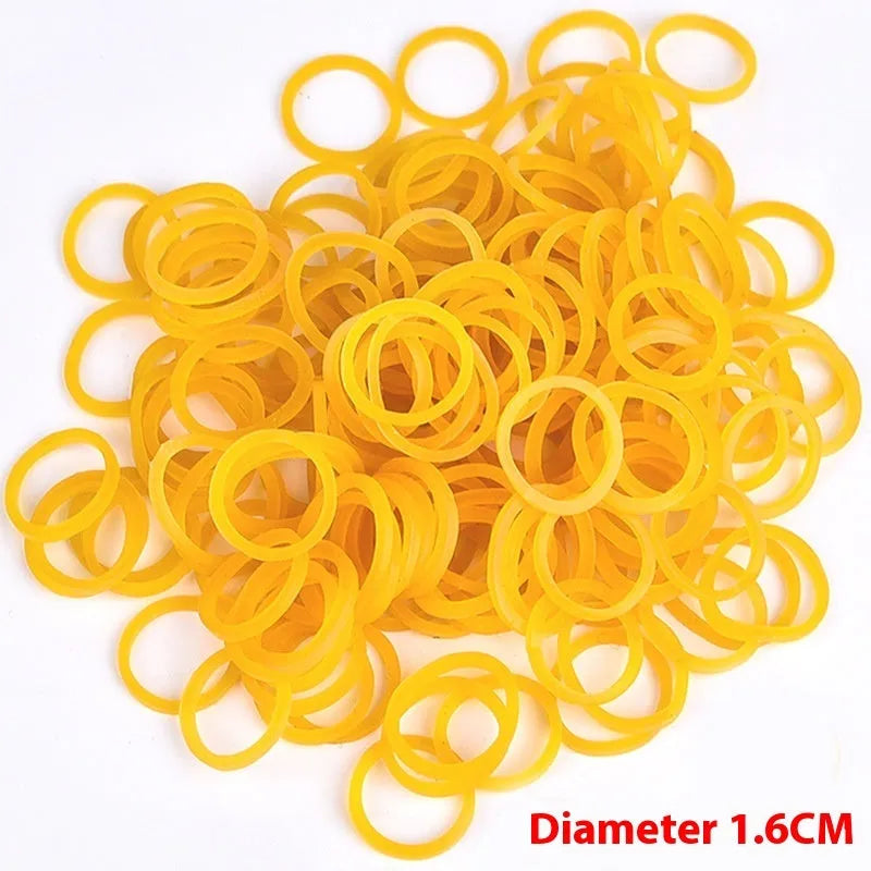 500g bulk pack of yellow rubber bands in multiple diameters from 25mm to 70mm