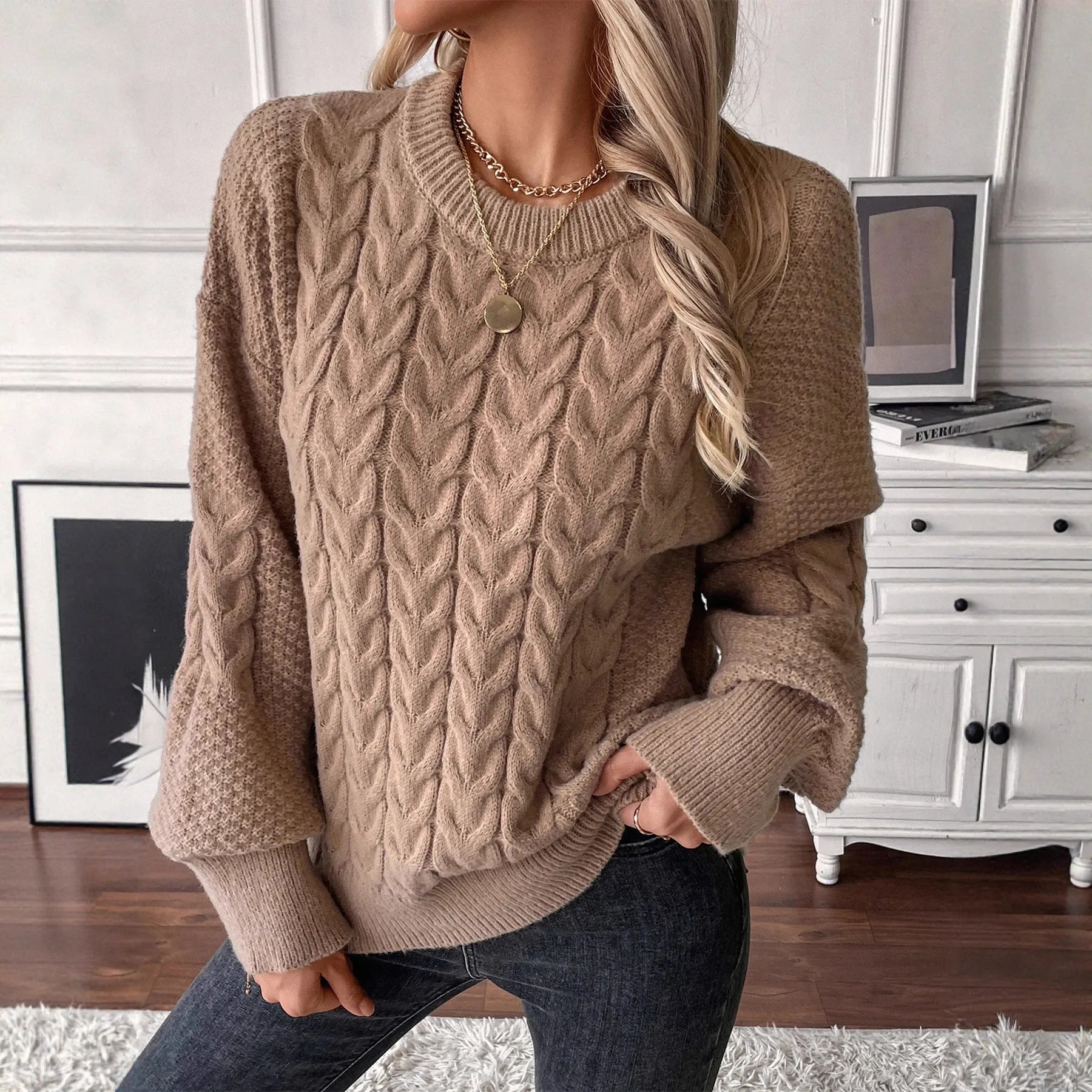 Women's loose casual pullover sweater in solid khaki colour with round neck and regular sleeves