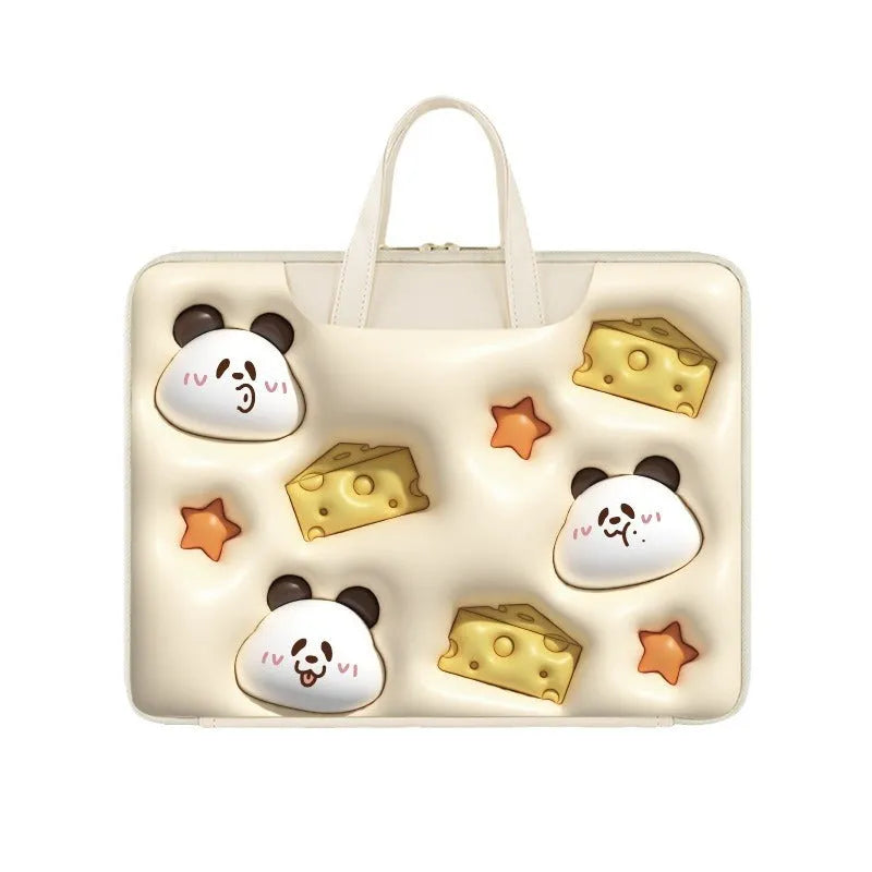 Inflatable PU leather laptop bag in a cartoon panda design with shoulder strap, shown hanging from a suitcase.