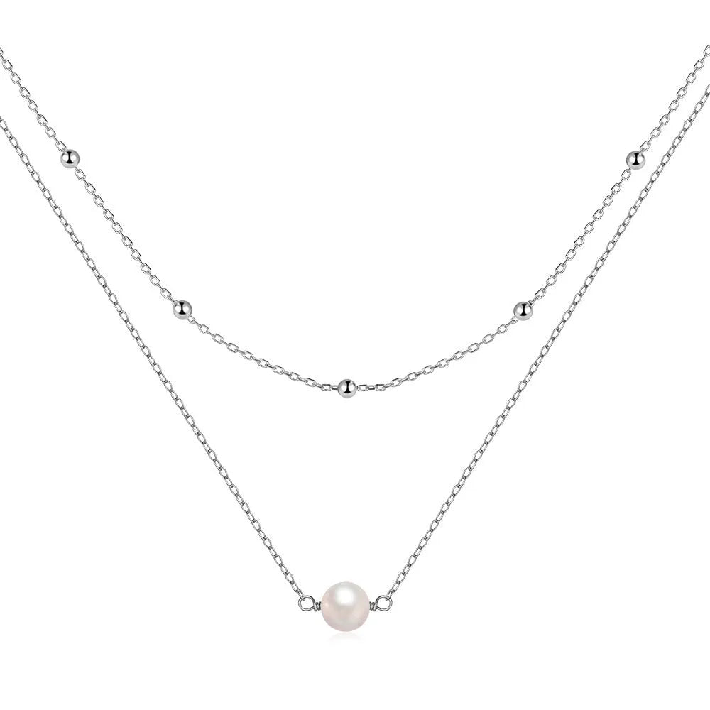S925 sterling silver double layer necklace with twin pearls on a ball bead chain in gold colour.