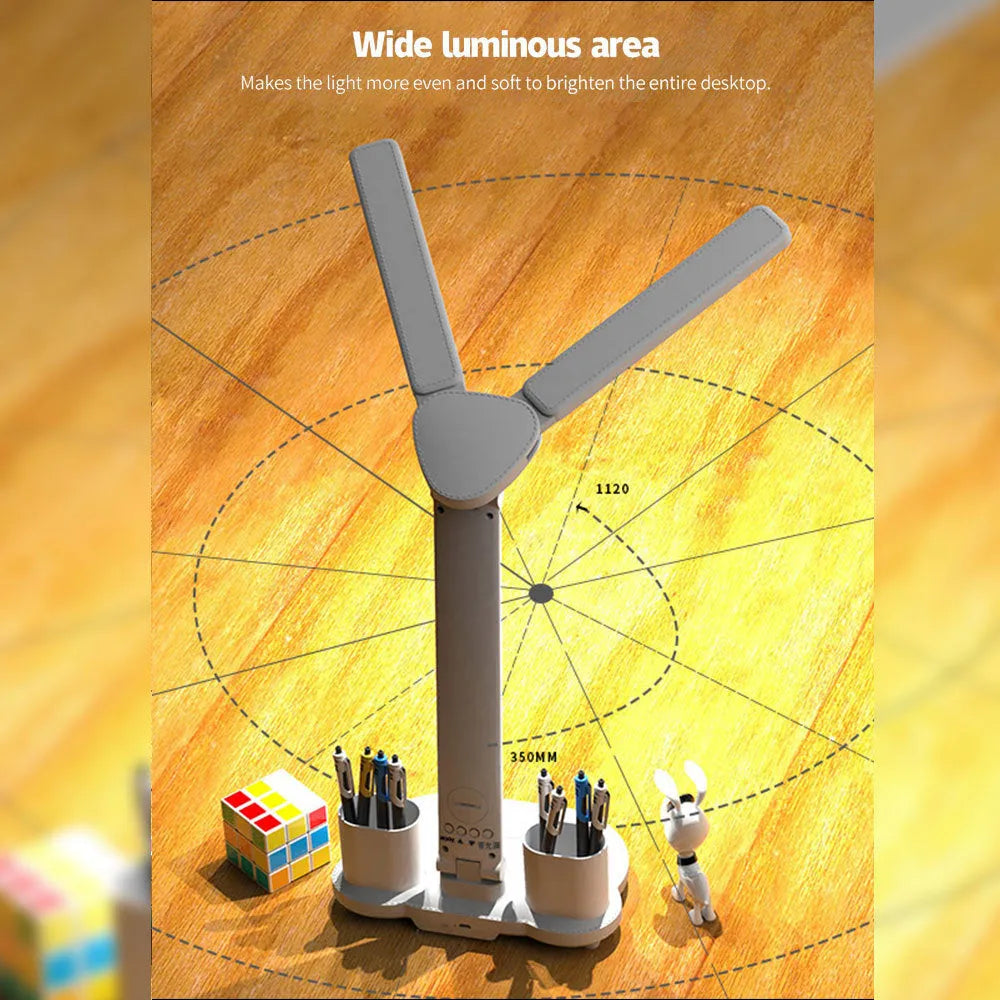 White LED desk lamp with built-in calendar and pen holder, touch control, USB powered, on a modern desk