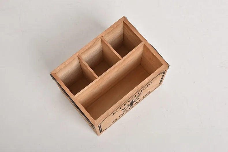 Wooden kitchen storage box with grid compartments for knives forks chopsticks