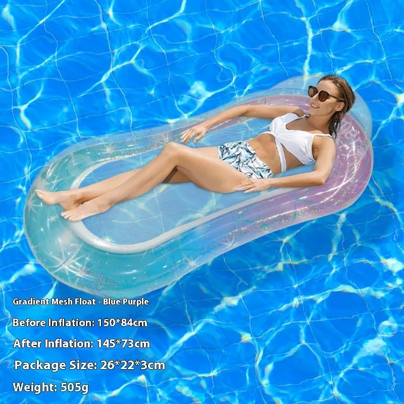 Colourful inflatable PVC floating row with sequin designs and canopy option on pool water.
