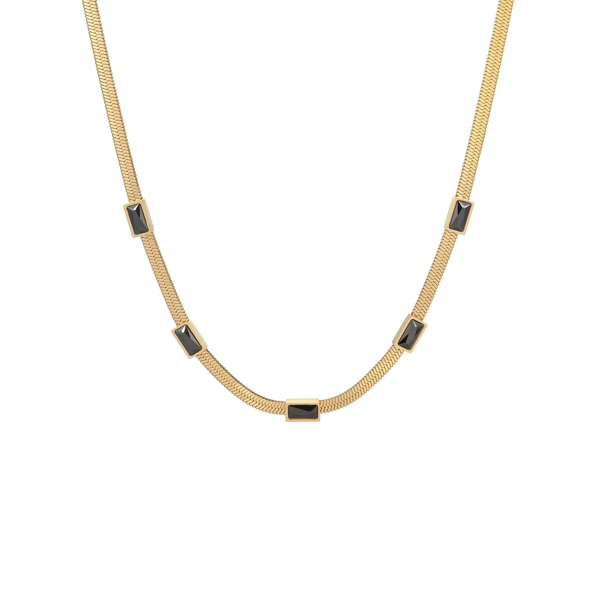 Geometric square zircon pendant necklace on flat snake chain with gold electroplated finish