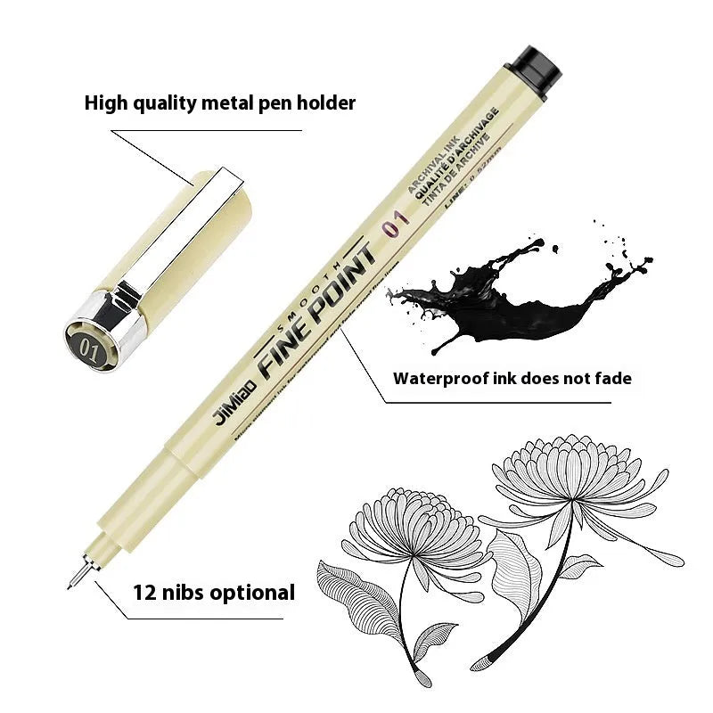 Waterproof hook tip needle drawing pen with black ink for sketch and cartoon line art.