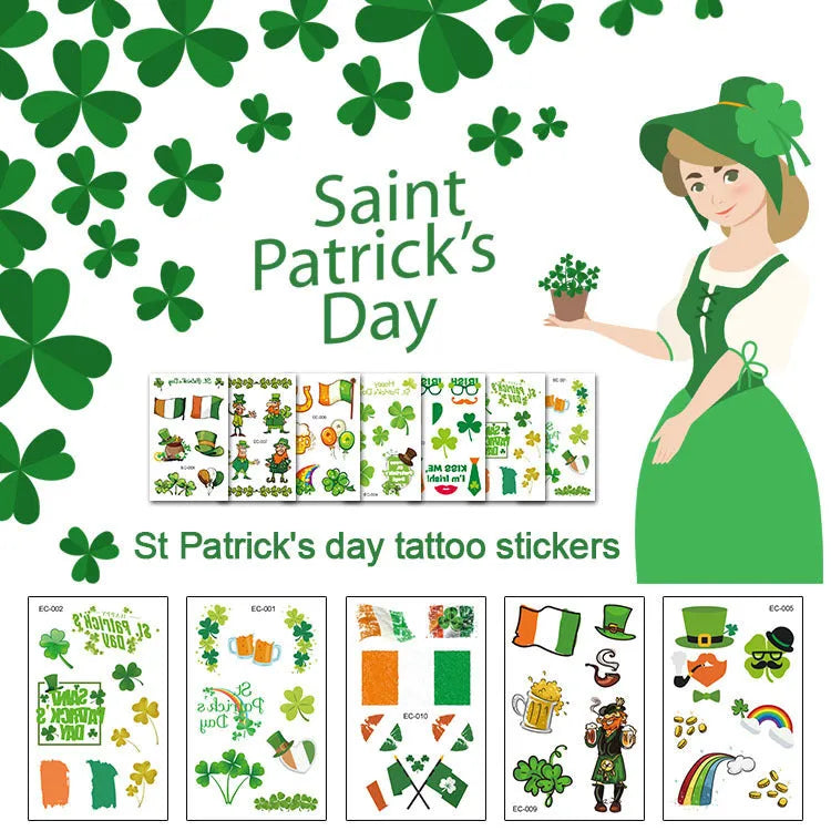 St. Patrick's Day clover tattoo sticker showing 120 × 75mm cartoon design on paper