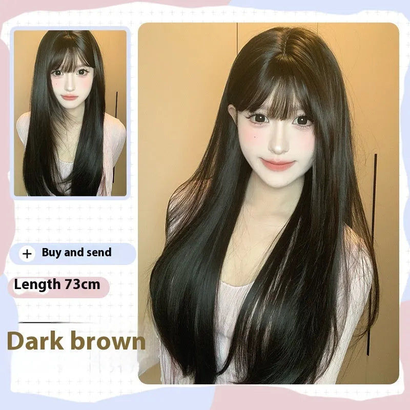 Dark brown long straight full-head wig with bangs for round face shapes