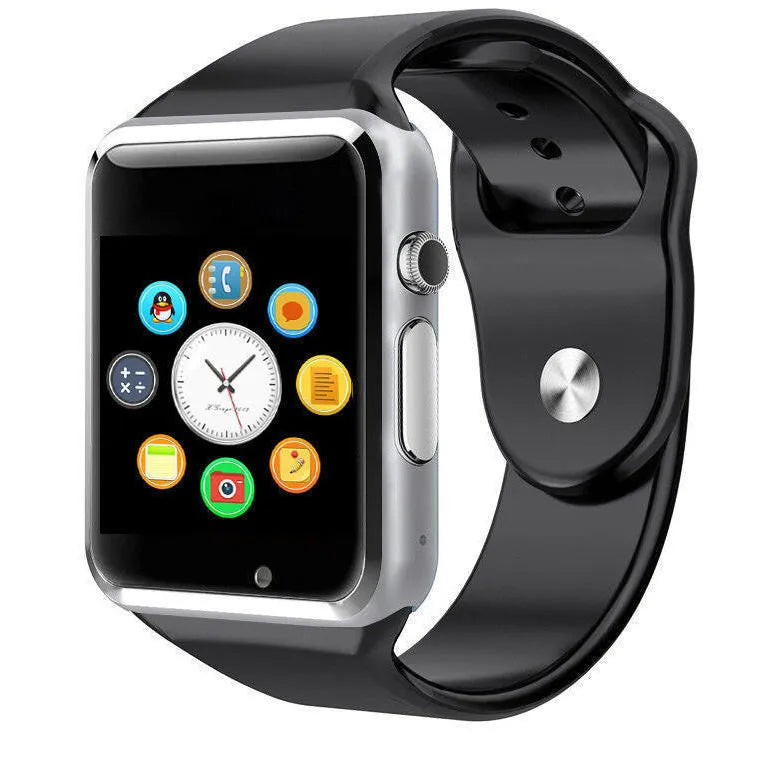 A1 model smart watch on wrist showing 1.54-inch display, available in black, silver, white, gold, pink, red, green, blue.