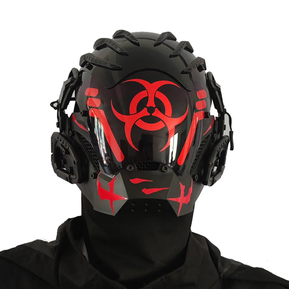 Black full face helmet prop mask with cyberpunk Bioweapon design for costume use