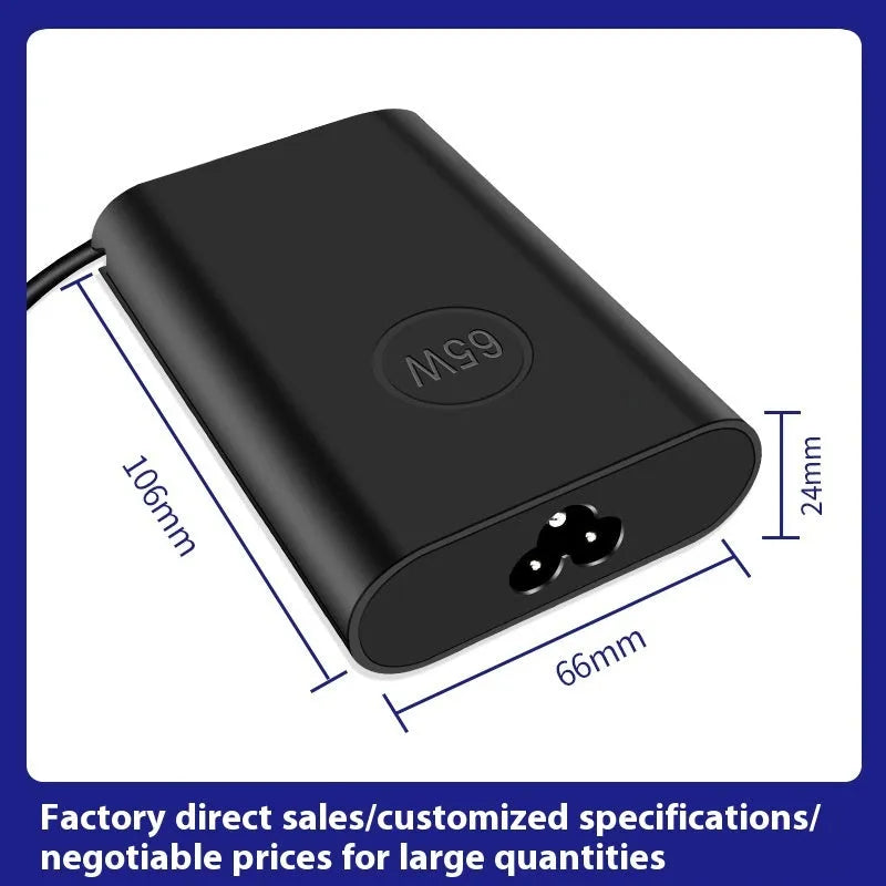 Black 65W USB-C laptop power adapter with UK plug and international travel adapters