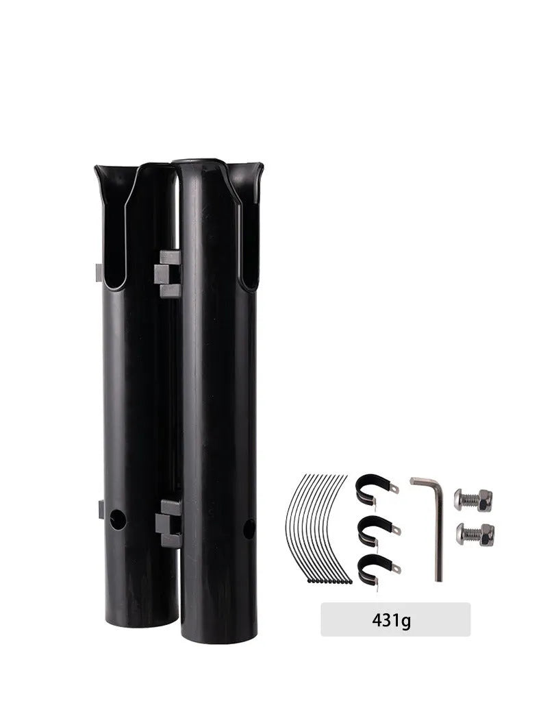 Carbon fibre fishing rod rack with double-layer plastic cradle mounted on bicycle handlebars