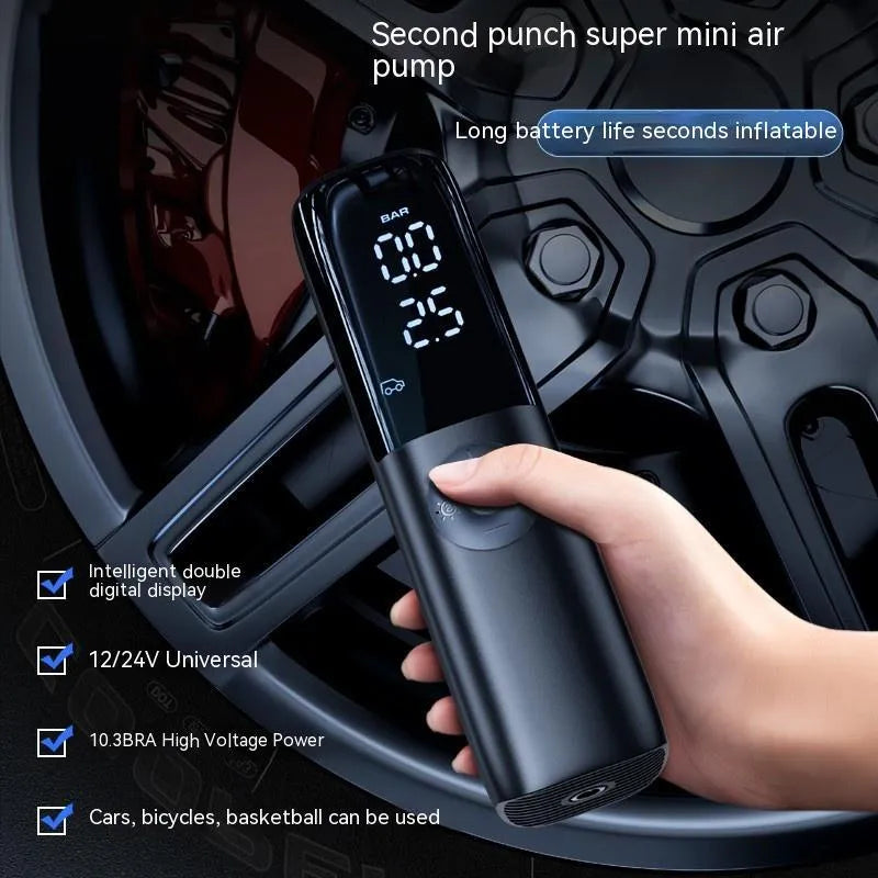 Black portable electric car air pump with ABS construction and tyre pressure gauge