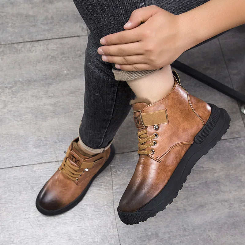 Men's black high-top platform Martin boots with velvet and PU upper on a rubber sole.