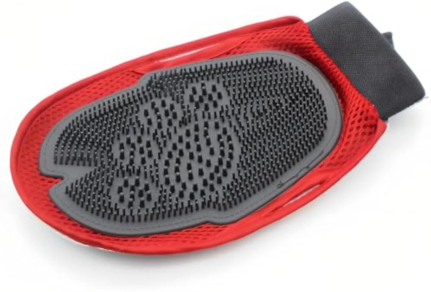 Red pet bathing glove with silicone bristles for grooming and cleaning dogs and cats