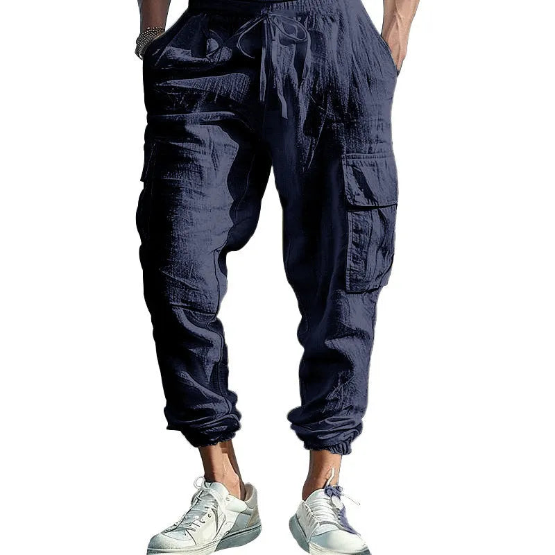 Men's linen casual trousers with ankle ties and drawstring waist in army green colour