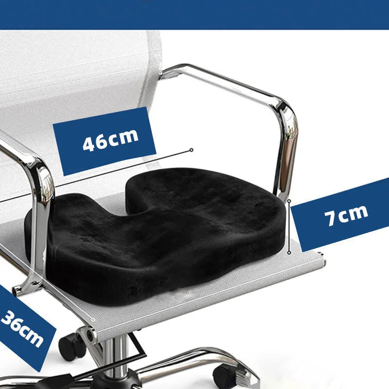 Black flannel memory foam seat cushion measuring 46 by 36 by 7 centimetres with a U-shaped design.