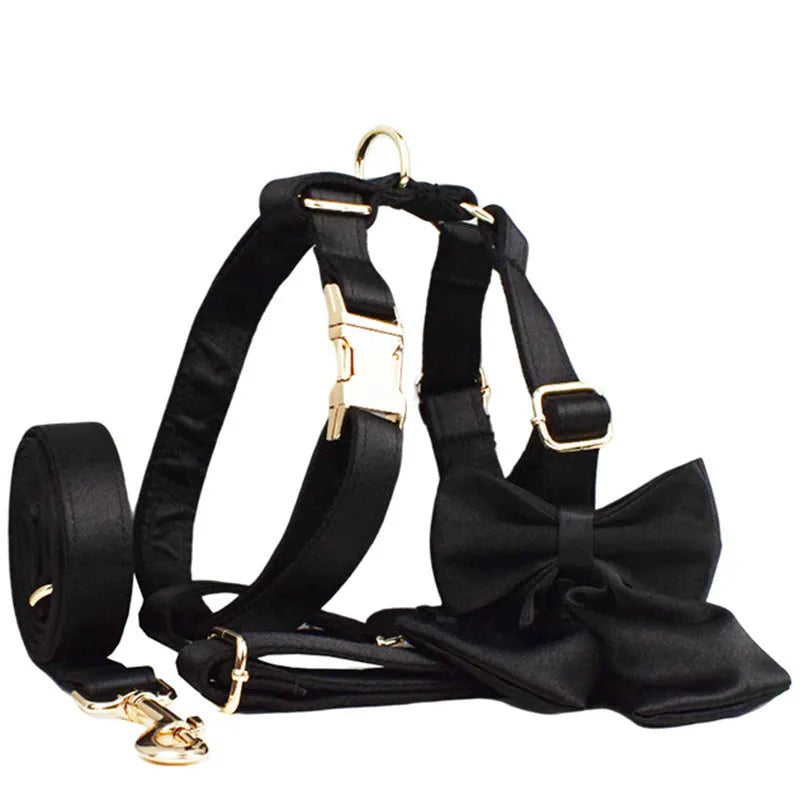 Cloth fabric dog walking set with collar, chest harness, leash and decorative bow accessory