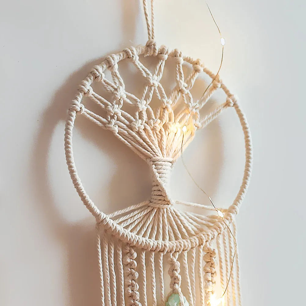 Handmade dream catcher tree tapestry in natural cotton rope, rectangular 73x18cm, European style wall hanging