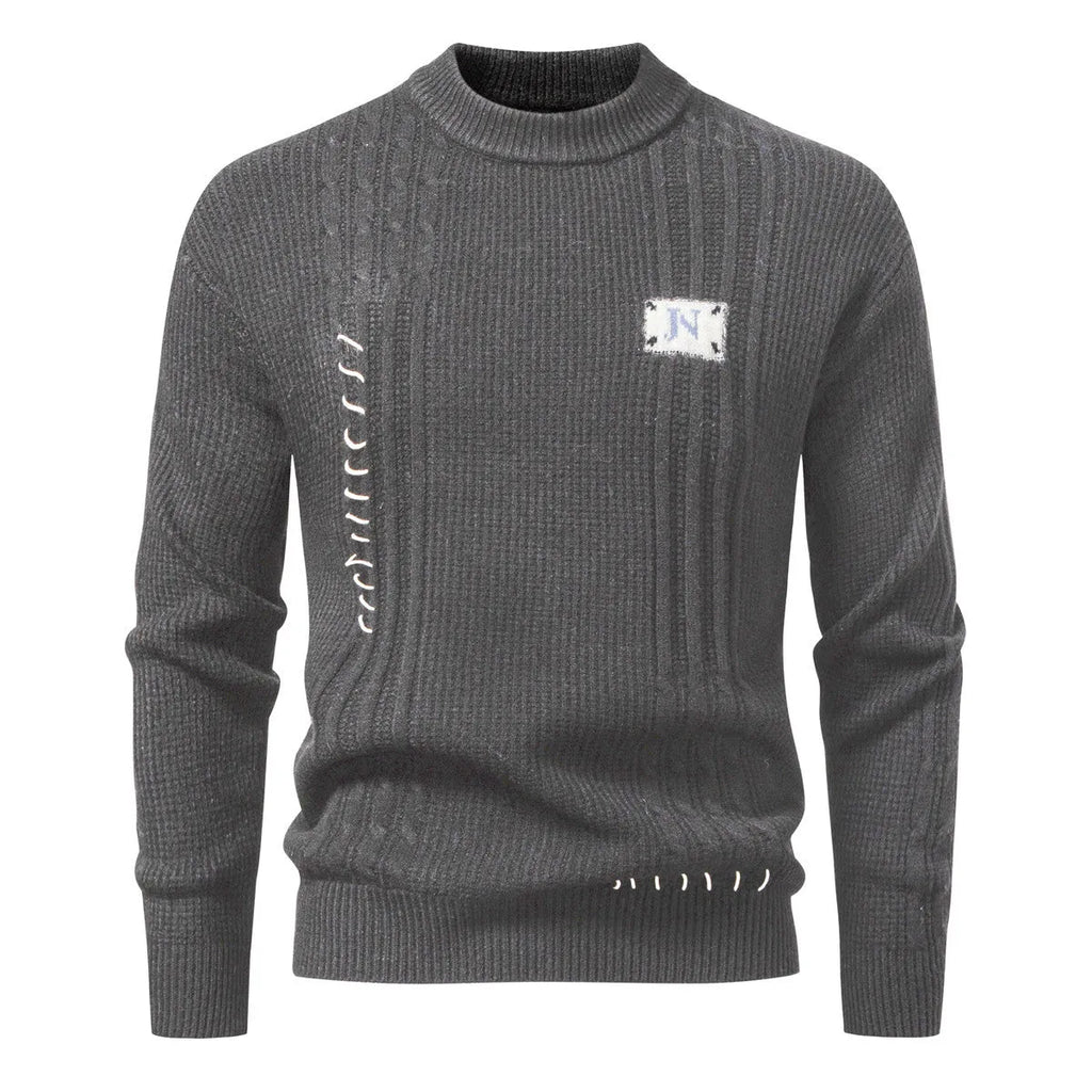 Simple men's solid color pullover sweater in beige with ribbed hem, loose fit, Modal and rabbit hair blend