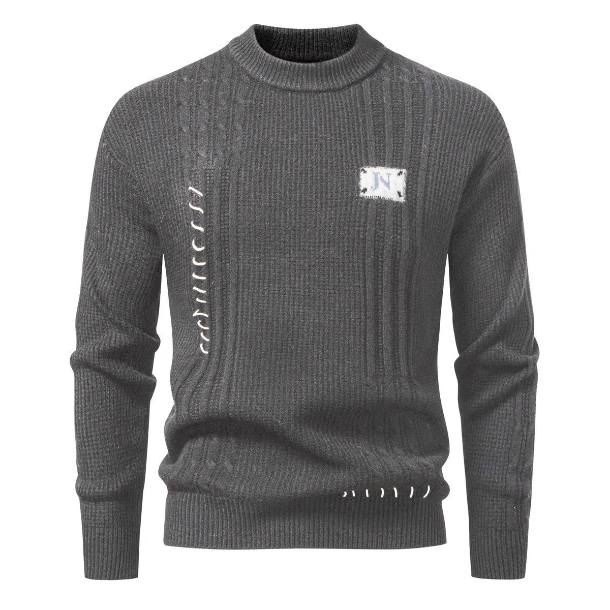 Simple men's solid color pullover sweater in beige with ribbed hem, loose fit, Modal and rabbit hair blend
